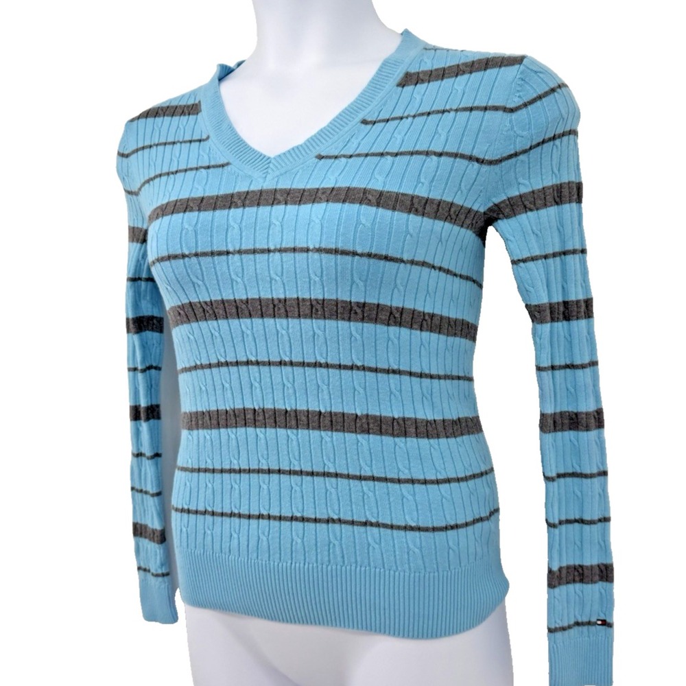 Tommy Hilfiger Womens Blue Striped Cable Knit V Neck Sweater Preppy Y2K S